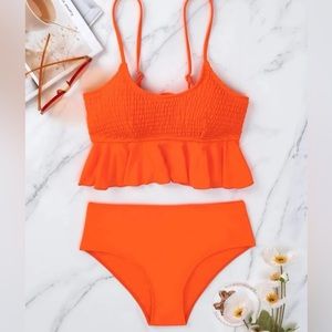 Neon Orange Smocked Ruffle Hem Bikini Swimsuit